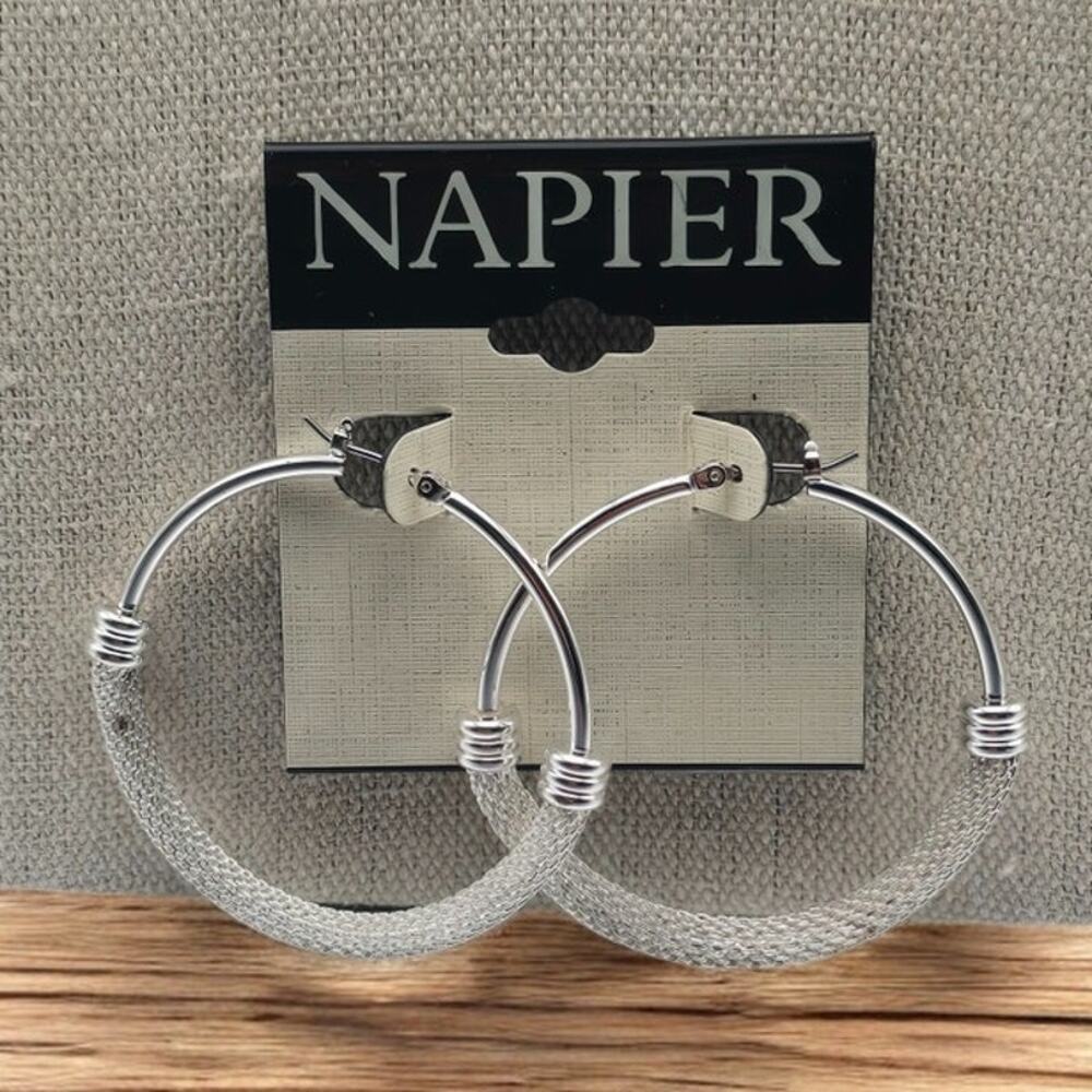 Napier Silver Tone Mesh Hoop Earrings Modernist Statement